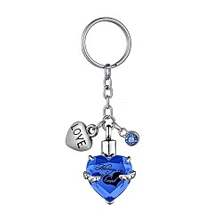 Blue Stainless Steel Keychain, with Urn Ashes and Wing Pendant, Blue, Pendant: 2.5x2.1cm