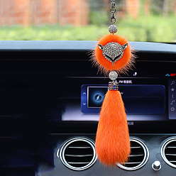 Orange Red Faux Fox Fur & Rhinestone Fox Pendant Decoration, for Car Rear View Mirror Hanging Decoration, Orange Red, 370mm