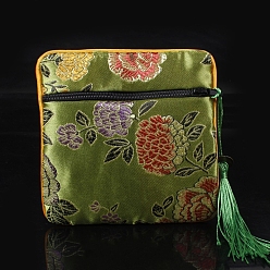 Gris Oliva Bolsas cuadradas de borlas de tela de estilo chino, con la cremallera, Para la pulsera, Collar, verde oliva, 11.5x11.5 cm