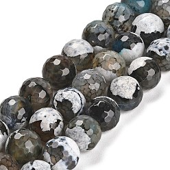 Dark Gray Natural Fire Crackle Agate Beads Strands, Dyed & Heated, Round, Faceted, Dark Gray, 13.5~14mm, Hole: 1.4mm, about 28~29pcs/strand, 15.16 inch(38.5cm)