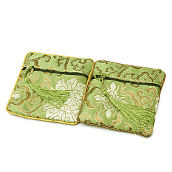 Light Green Chinese Style Square Cloth Zipper Pouches, with Random Color Tassels and Auspicious Clouds Pattern, Light Green, 12~13x12~13cm