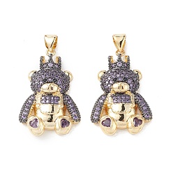 Лиловый Латунные микро проложить кубического циркония подвески, реальный 16 k позолоченный, нести прелести, сирень, 28x18x5 мм, отверстие : 5x3 мм.