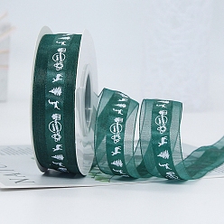 Teal 22M Christmas Printed Organza Ribbons, Flat, Teal, 1 inch(25mm), about 24.06 Yards(22m)/Roll