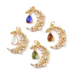 Mixed Color Brass Micro Pave Cubic Zirconia Pendants, with Glitter Powder Glass & Jump Ring, Long-Lasting Plated, Moon & Teardrop, Lead Free & Cadmium Free, Mixed Color, 27.5x20x5mm, Jump Ring: 5x0.7mm, Inner Diameter: 3.6mm, Teardrop: 12x7x5mm