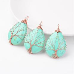 Synthetic Turquoise Synthetic Turquoise Pendants, teardrop, with Rose Gold Tone Brass Findings, 48~55x30~32x10~12mm, Hole: 4~7x8~12mm