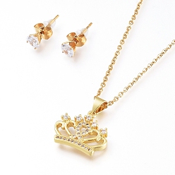 Golden Brass Cubic Zirconia Pendant Necklaces & Stud Earrings Jeweley Sets, with 304 Stainless Steel Cable Chains, Lobster Claw Clasps and Ear Nuts, Crown, Clear, Golden, 17.51 inch(44.5cm), 5mm, Pin: 0.7mm