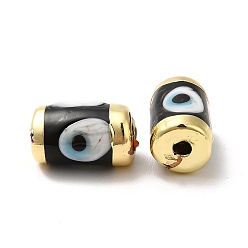 Black Handmade Evil Eye Lampwork Beads, with Light Gold Tone Brass Findings, Long-Lasting Plated, Lead Free and Cadimum Free, Column, Black, 14.5~15x9~9.5mm, Hole: 1.8mm