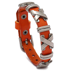 Orange Red Cowhide Leather Cord Bracelet with Alloy Criss Cross Beaded, Adjustable Bracelet, Orange Red, 9-1/2 inch(24cm)