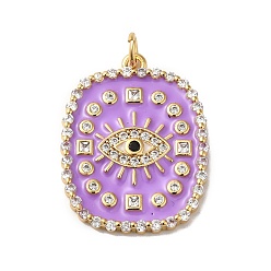 Medium Orchid Rack Plating Brass Pave Cubic Zirconia Enamel Pendants, with Jump Ring, Lead Free & Cadmium Free, Real 18K Gold Plated, Long-Lasting Plated, Rectangle with Eye Pattern Charm, Medium Orchid, 26x20x2.5mm, Hole: 3.4mm