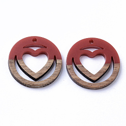FireBrick Resin & Walnut Wood Pendants, Ring with Heart, FireBrick, 25x3mm, Hole: 1.8mm