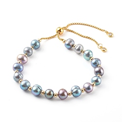 Prussian Blue Potato Natural Pearl Slide Bracelets, Bolo Bracelets, with 304 Stainless Steel Box Chains, Golden, Prussian Blue, Inner Diameter: 1-7/8~3-1/8 inch(4.8~7.8cm)