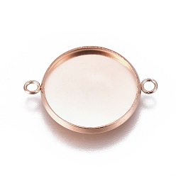 Rose Gold Ion Plating(IP) 304 Stainless Steel Cabochon Connector Settings, Plain Edge Bezel Cups, Flat Round, Rose Gold, Tray: 16mm, 23.5x17.8x2mm, Hole: 1.8mm
