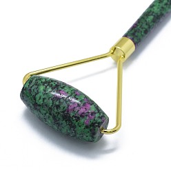 Ruby in Zoisite Natural Ruby in Zoisite Brass Face Massager, Facial Rollers, Golden, 140.5x62.5x25mm