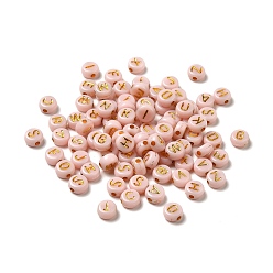 Light Salmon Plating Acrylic Beads, Golden Metal Enlaced, Horizontal Hole, Flat Round with Letter, Light Salmon, 6.5~7x3.5~4mm, Hole: 1.6mm, about 3600g/500g
