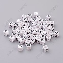 Letter O Акриловые бусины с горизонтальными отверстиями, с эмалью, кубические, Письмо O, 6x6x6 мм, отверстие : 3.2 мм