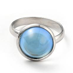 Светло-Голубой K9 стеклянное плоское круглое кольцо на палец, 304 женские украшения из нержавеющей стали, цвет нержавеющей стали, Небесно-голубой, размер США 7 3/4 (17.9 мм), кольцо поверхность: 14x7mm