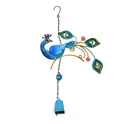 Deep Sky Blue Iron Pendant Decorations, with Glass, Wind Chime, Home Decoration, Peacock, Deep Sky Blue, 470x250mm