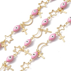 Pink Enamel Horse Eye & Star & Moon Link Chains, with Brass Cross Chamrs, Real 18K Gold Plated, Soldered, with Spools, Pink, 13x5x4.5mm, 8.5x8.5x0.8mm, 10x6x0.8mm