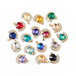 Mixed Color Real 18K Gold Plated Rack Plating Brass Micro Pave Cubic Zirconia Pendants, with Glass, Long-Lasting Plated, Cadmium Free & Lead Free, Heart & Whale, Mixed Color, 19x19x8mm, Hole: 5x3mm