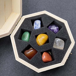 Nuggets 7 Chakra Natural Mixed Stone Crystal Ball with Octagon Wooden Box, Reiki Energy Stone Display Decorations for Healing, Meditation, Witchcraft, Nuggets, Box: 110x50mm, Gemstone: 20~40mm, 7pcs/box