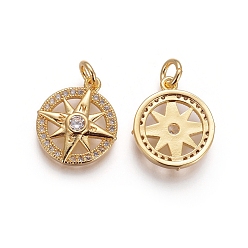 Golden Brass Pendants, with Micro Pave Cubic Zirconia and Jump Rings, Compass, Clear, Golden, 16x13x3mm, Hole: 3mm