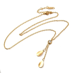 Golden Teardrop Vacuum Plating 304 Stainless Steel Lariat Necklaces, with Rhinestone, Golden, 15.24 inch(38.7cm)
