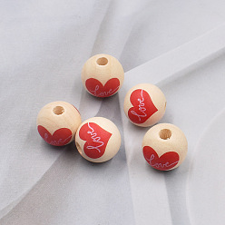 FireBrick Valentine's Day Wood European Beads, Large Hole Bead, Round with Love Heart, FireBrick, 16mm, Hole: 4mm