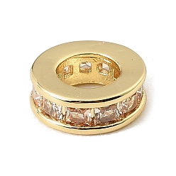 PeachPuff Brass Pave Cubic Zirconia European Beads, Flat Round, Large Hole Beads, Rack Plating, Long-Lasting Plated, Lead Free & Cadmium Free, Real 18K Gold Plated, PeachPuff, 9x3.3mm, Hole: 4.6mm