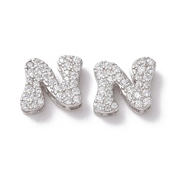 Letter N 925 Sterling Silver Micro Pave Cubic Zirconia Beads, Real Platinum Plated, Letter N, 9x10x3.5mm, Hole: 2.5x1.5mm