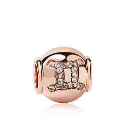 Gemini Rose Gold Plated Alloy European Beads, with Crystal Rhinestone, Large Hole Beads, Rondelle with Twelve Constellations, Gemini, 11x11mm