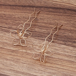 Light Gold Accessoires de la fourche de cheveux en fer, avec des fleurs en filigrane, or et de lumière, 70x12x1.2mm, accessoires en filigrane: 35mm
