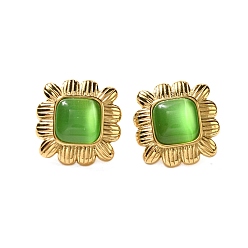 Зеленый лайм Ионное покрытие (ip) 304 квадратные серьги-гвоздики из нержавеющей стали для женщин, со стеклянным кошачьим глазом, полированный, золотые, зеленый лайм, 17.5x17.5 мм
