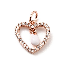 White Rack Plating Brass Micro Pave Cubic Zirconia Pendants, with Enamel and Jump Ring, Long-Lasting Plated, Rose Gold, Heart, Cadmium Free & Nickel Free & Lead Free, White, 12.5x12x1.5~3mm, Jump Ring: 5x0.7mm, Hole: 3.4mm