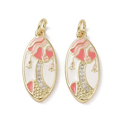 Коралловый Настоящие 18 k позолоченные латунные подвески с микропаве и кубическим цирконием, без кадмия, без никеля и без свинца, с эмалью и кольцом для прыжков, Очарование лошадиных глаз, коралл, 22x10x2 мм, отверстие : 3.4 мм