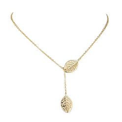 Golden Brass Leaf Pendant Lariat Necklaces, with 304 Stainless Steel Cable Chains, Golden, 17.91 inch(455mm)