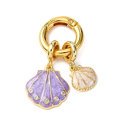 Средний Фиолетовый Подвесные украшения в форме двойной раковины из латуни с микропаве из прозрачных кубических цирконий и эмали, долговечный, стойки покрытие, без кадмия и без свинца, реальный 18 k позолоченный, средне фиолетовый, 45 мм, отверстие : 13 мм