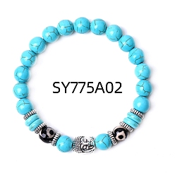 Synthetic Turquoise Synthetic Turquoise Stretch Bracelet, Buddhist Head Alloy & dZi Bracelet, 7-1/4 inch(18.5cm)