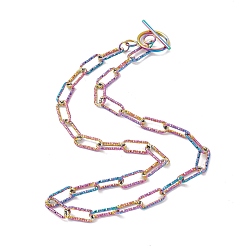 Rainbow Color 304 Stainless Steel Textured Paperclip Chains Necklace for Women, Rainbow Color, 19.29 inch(49cm)