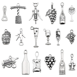 Antique Silver 18Pcs 18 Style Tibetan Style Alloy Pendants Sets, Mixed Wine Theme Charms, Antique Silver, 16.5~30.5x6.5~20x1.5~7mm, Hole: 1.4~5mm, 1pc/style