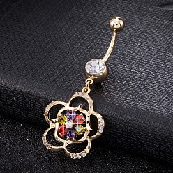 Colorful Piercing Jewelry, Brass Cubic Zirconia Navel Ring, Belly Rings, with Surgical Stainless Steel Bar, Cadmium Free & Lead Free, Real 18K Gold Plated, Flower, Colorful, 49x22mm, Bar Length: 3/8"(10mm), Bar: 14 Gauge(1.6mm)