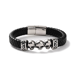 Antique Silver Men's Braided Black PU Leather Cord Bracelets, Halloween 3 Skull 304 Stainless Steel Link Bracelets with Magnetic Clasps, Antique Silver, 8-1/2 inch(21.7cm)