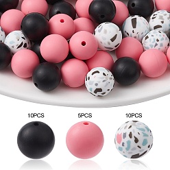 Rose Chaud Perles focales rondes en silicone écologique de qualité alimentaire, perles à mâcher pour les jouets de dentition, Diy soins infirmiers colliers faisant, rose chaud, 15mm, Trou: 1.5mm, 25 pièces / kit