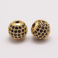 Golden Brass Micro Pave Cubic Zirconia Beads, Round, Golden, 10x9.5mm, Hole: 2mm
