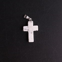 Howlite Natural Howlite Pendants, with Platinum Tone Brass Findings, Cross, 25x18mm