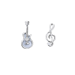 White Alloy with Enamel Stud Earrings, Musical Note & Guitar Asymmetrical Earrings, White, 6x14mm, 5x12mm
