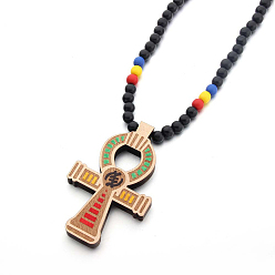 Colorful Wood Ankh Cross Pendant Necklace with Round Beaded for Men Women, Colorful, 35.43 inch(90cm)