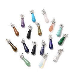 Mixed Stone Natural & Synthetic Mixed Gemstone Pendants, Teardrop Charms, with Brass Crystal Rhinestone Crown Findings, Platinum, Cadmium Free & Lead Free, 36~39x9.5~11mm, Hole: 5x8mm