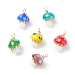 Mixed Color Handmade Lampwork Charms, with Copper Wire, Light Gold, Mushroom, Mixed Color, 15~17x10mm, Hole: 1.5~2mm