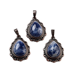 (306FM) Жонкиль матовый с лаймовой подкладкой Подвески-капли из натуральной яшмы с голубым пятном, подвески из латуни красного медного тона, 28.5x20.5x7 мм, отверстие : 8x5 мм