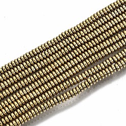 Light Gold Plated Electroplate Non-magnetic Synthetic Hematite Beads Strands, Flat Round/Disc, Light Gold Plated, 2x1mm, Hole: 0.8mm, about 450~456pcs/strand, 15.75 inch~15.94 inch(40cm~40.5cm)